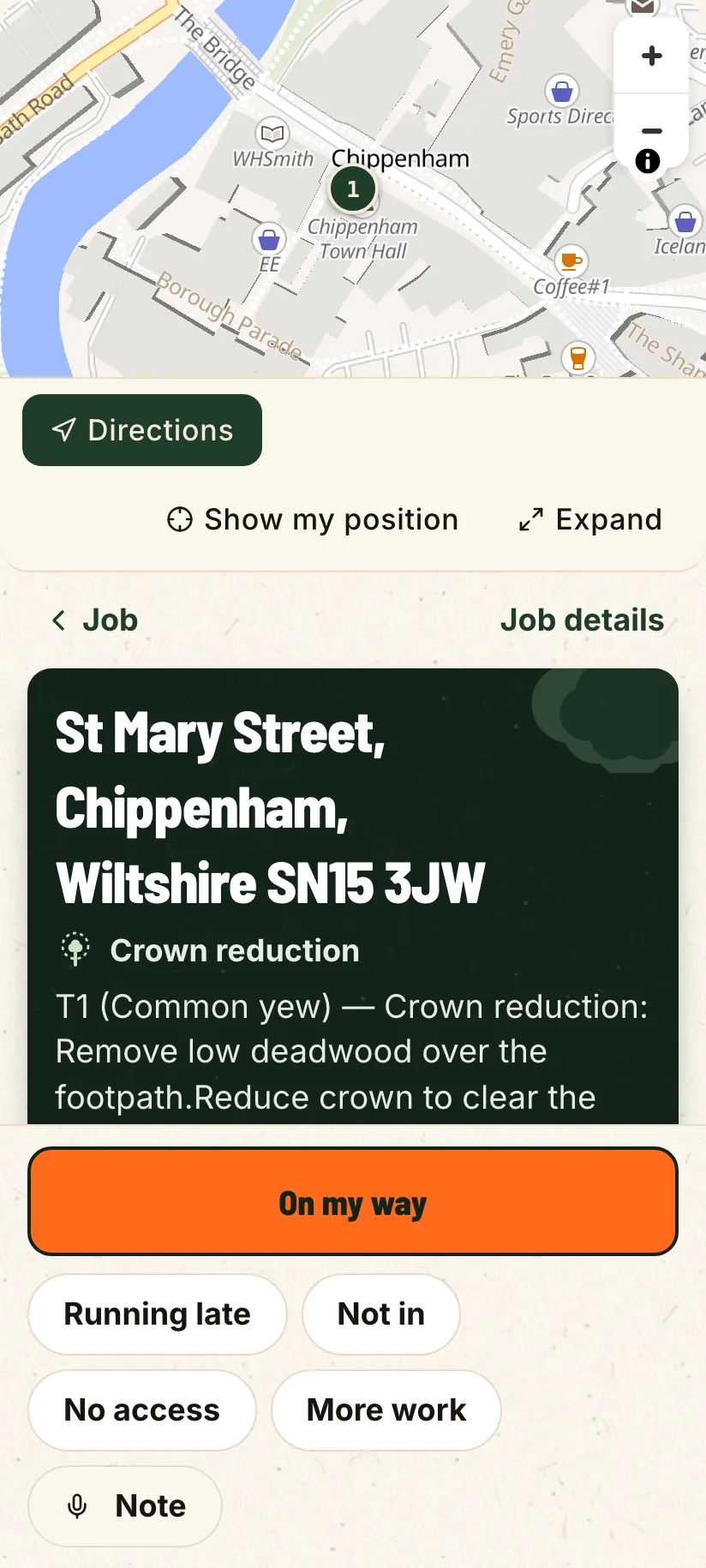 The job on the crew’s phone: the site, the directions and the work to do.