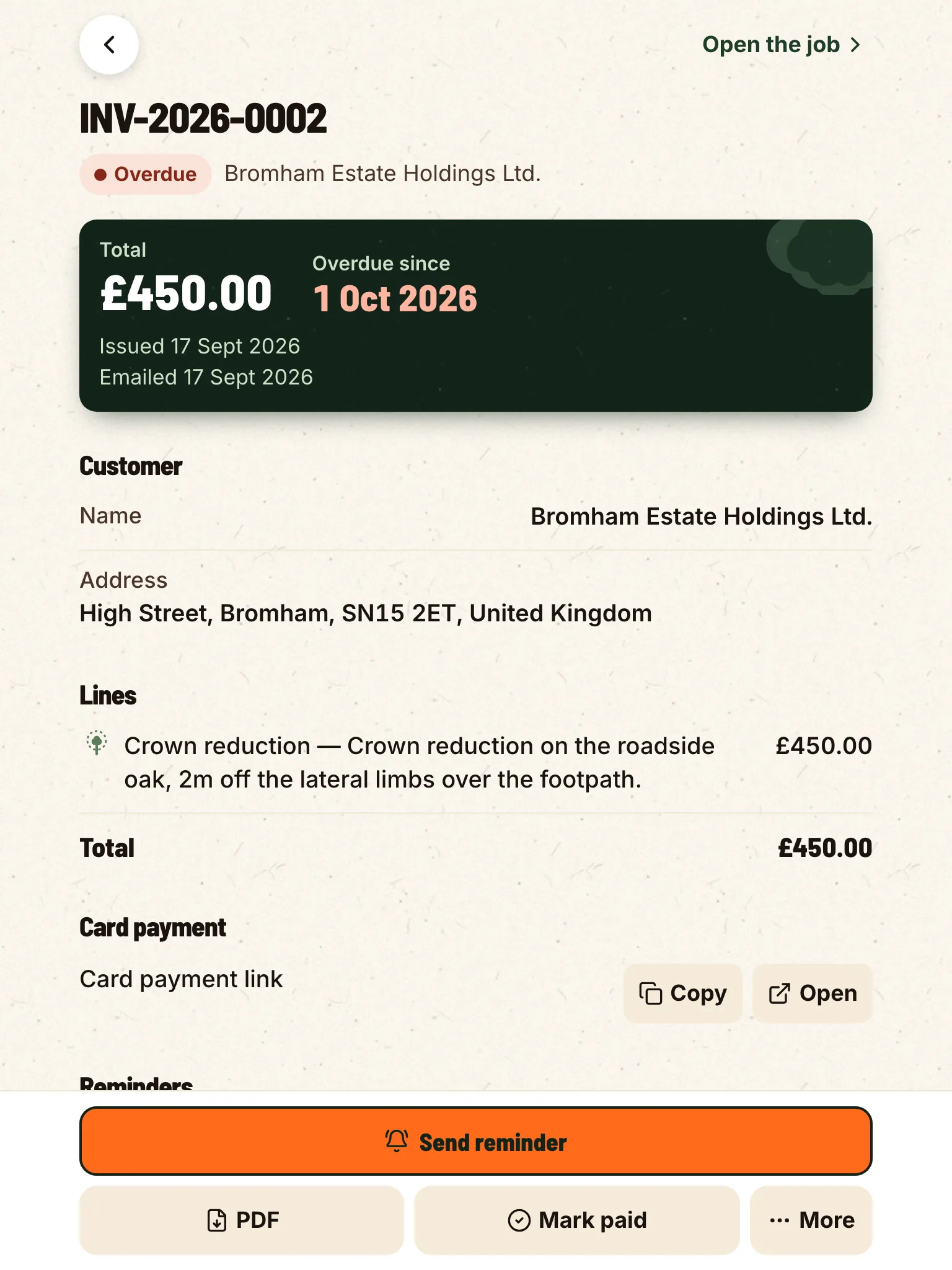 The priced line carries through to an invoice with a card payment link.