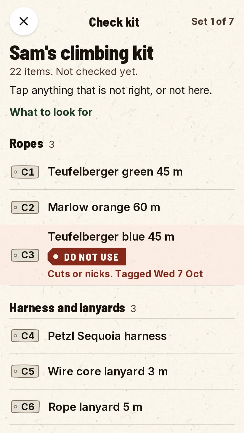 Checking a set of kit: tap what is not right or not here. Kit tagged Do not use shows its tag and the reason.
