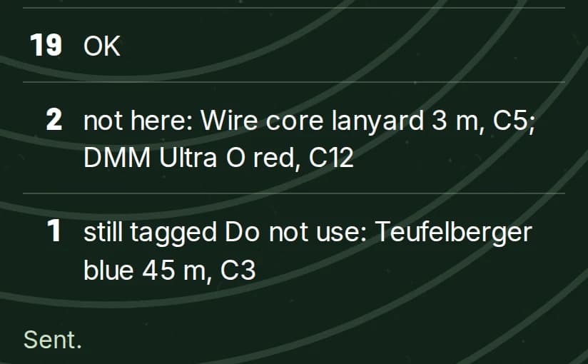 The result of a kit check: how many are fine, what is not here, and what is still tagged Do not use.