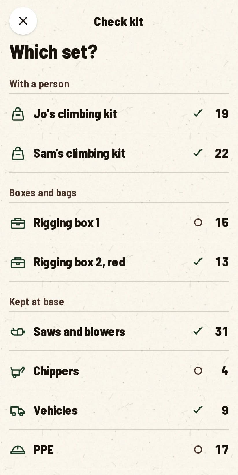 The list of kit sets to check: climbing kits, rigging boxes and kit kept at base.