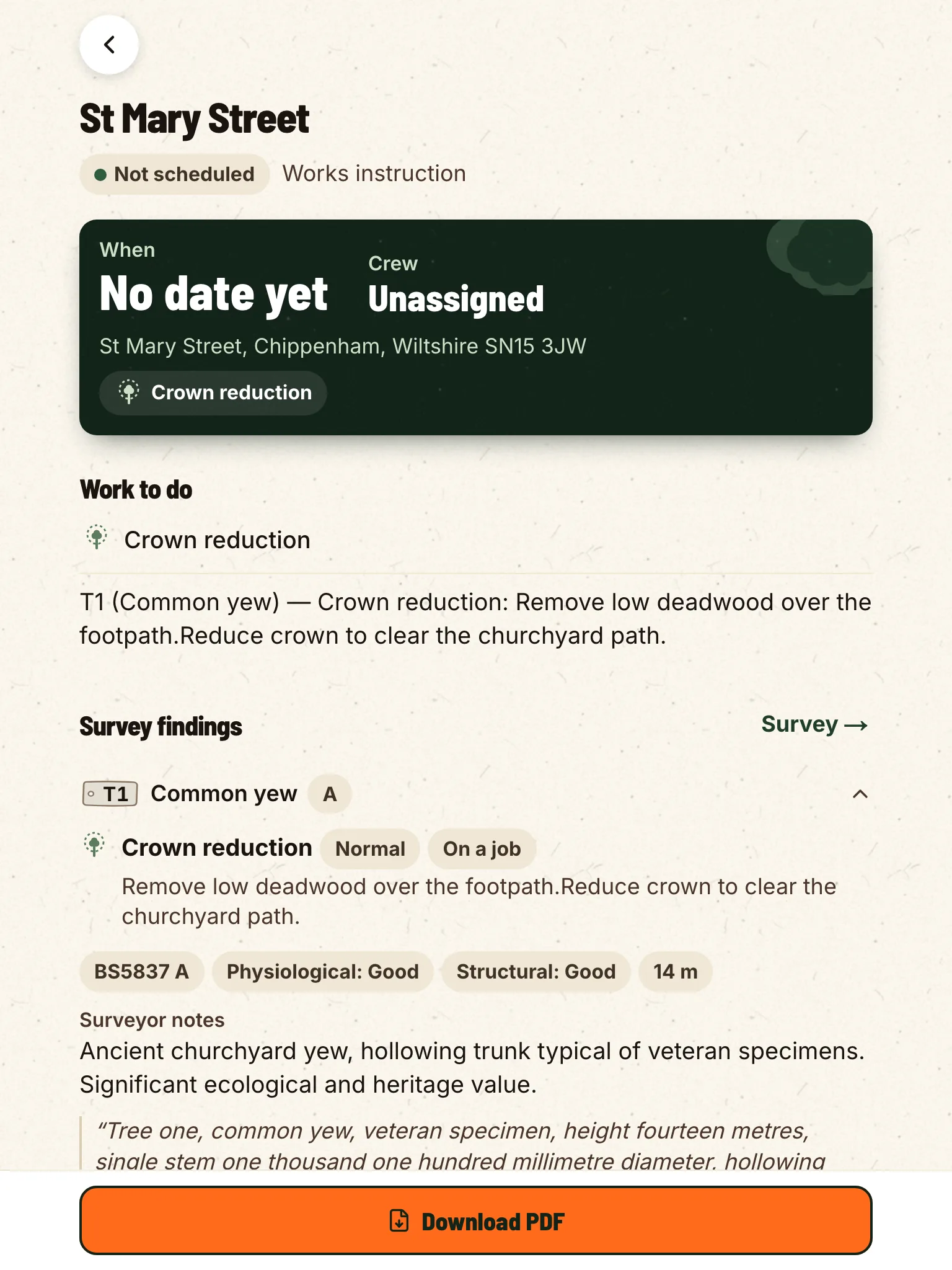 The works instruction, drafted from the survey: the work to do and what the survey found.
